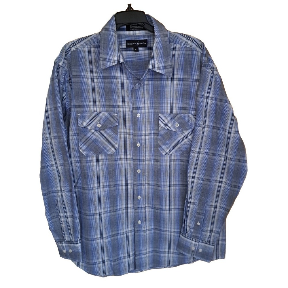 Beverly Hills Polo Club Shirt Men's XL Blue Black Plaid Button Up Long Sleeve